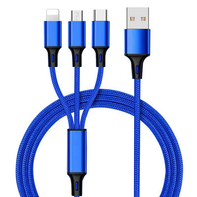satın al Mobil telefon şarjı için özelleştirilebilir 3 In 1 Veri Kablosu OEM desteği ile 1.2M 2A örgü USB Kablosu online manufacture